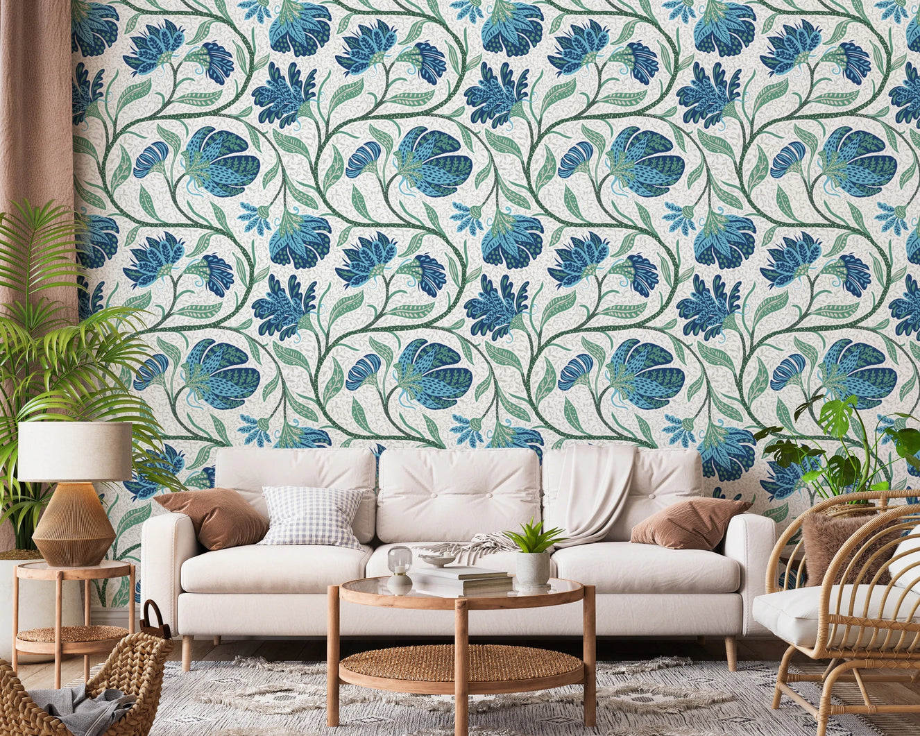 Living room interior featuring Indina Floral blue white wallpaper print