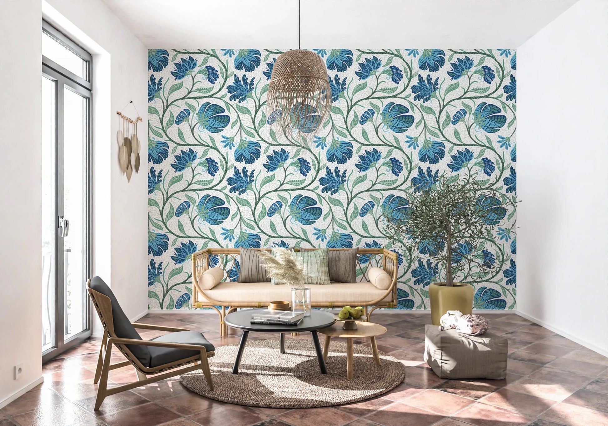 Soft vine detailing defines this Trailing Indina Floral blue white wallpaper