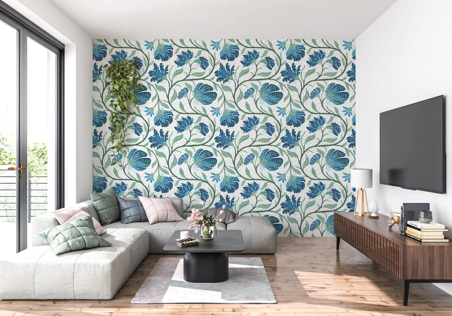 Flowing stems and bold blooms shape the Indina Floral blue wallpaper look