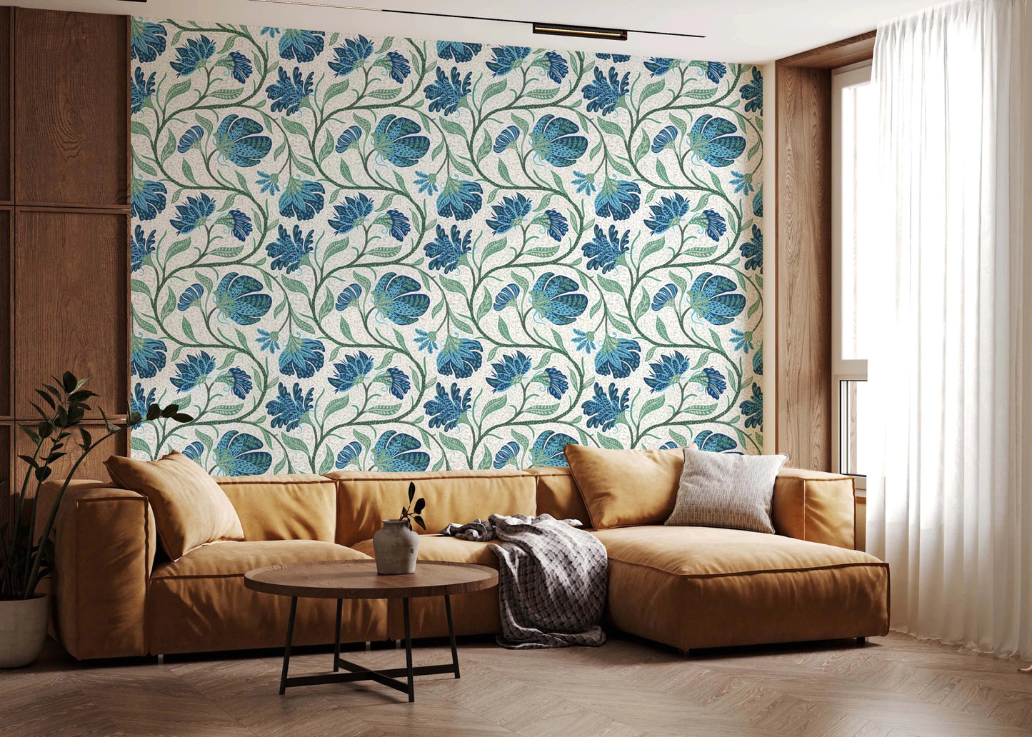 A white-ground wallpaper with Trailing blue florals and leafy movement