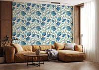 A white-ground wallpaper with Trailing blue florals and leafy movement