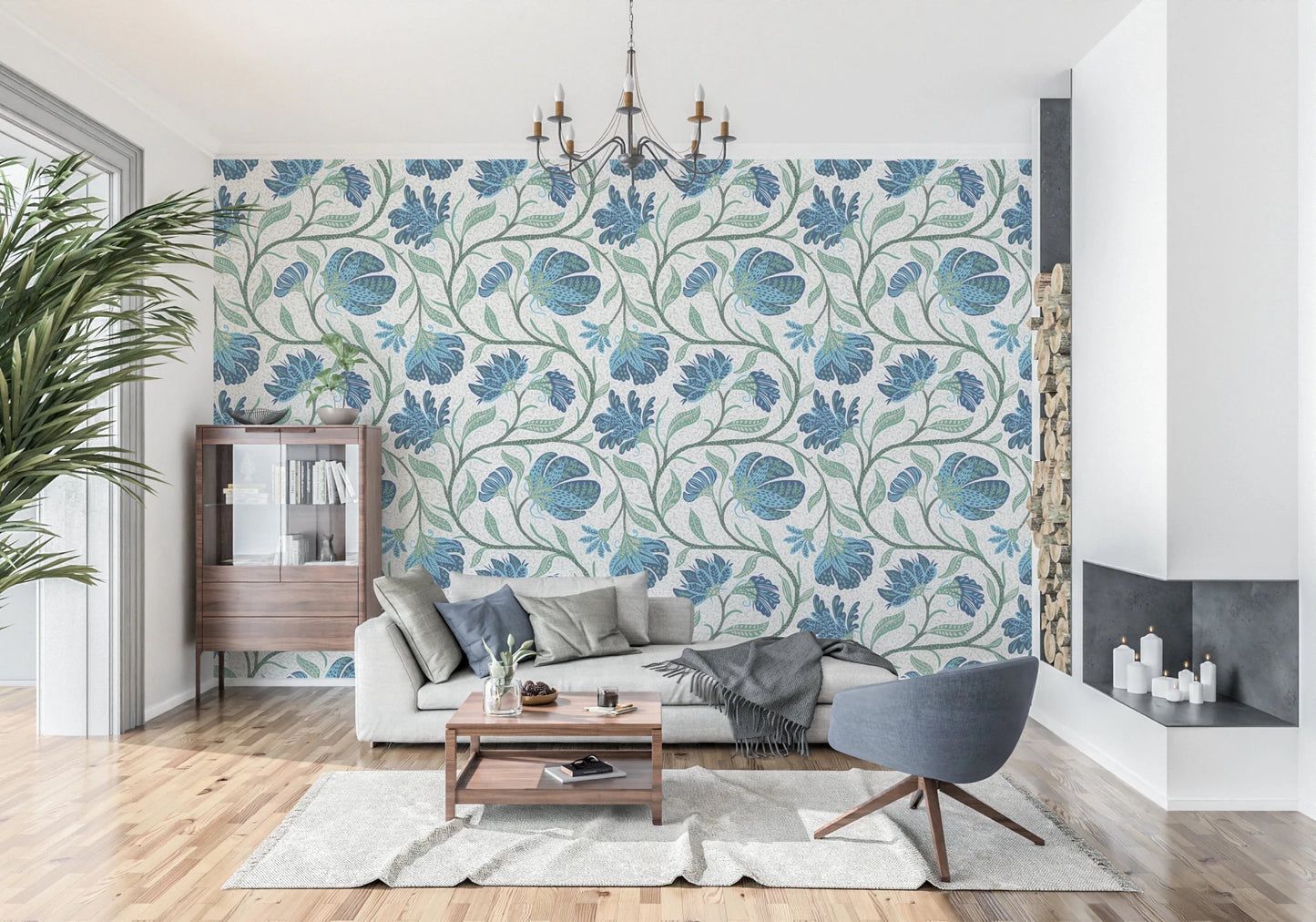 Office home with Indina blue floral wallpaper on a crisp white base
