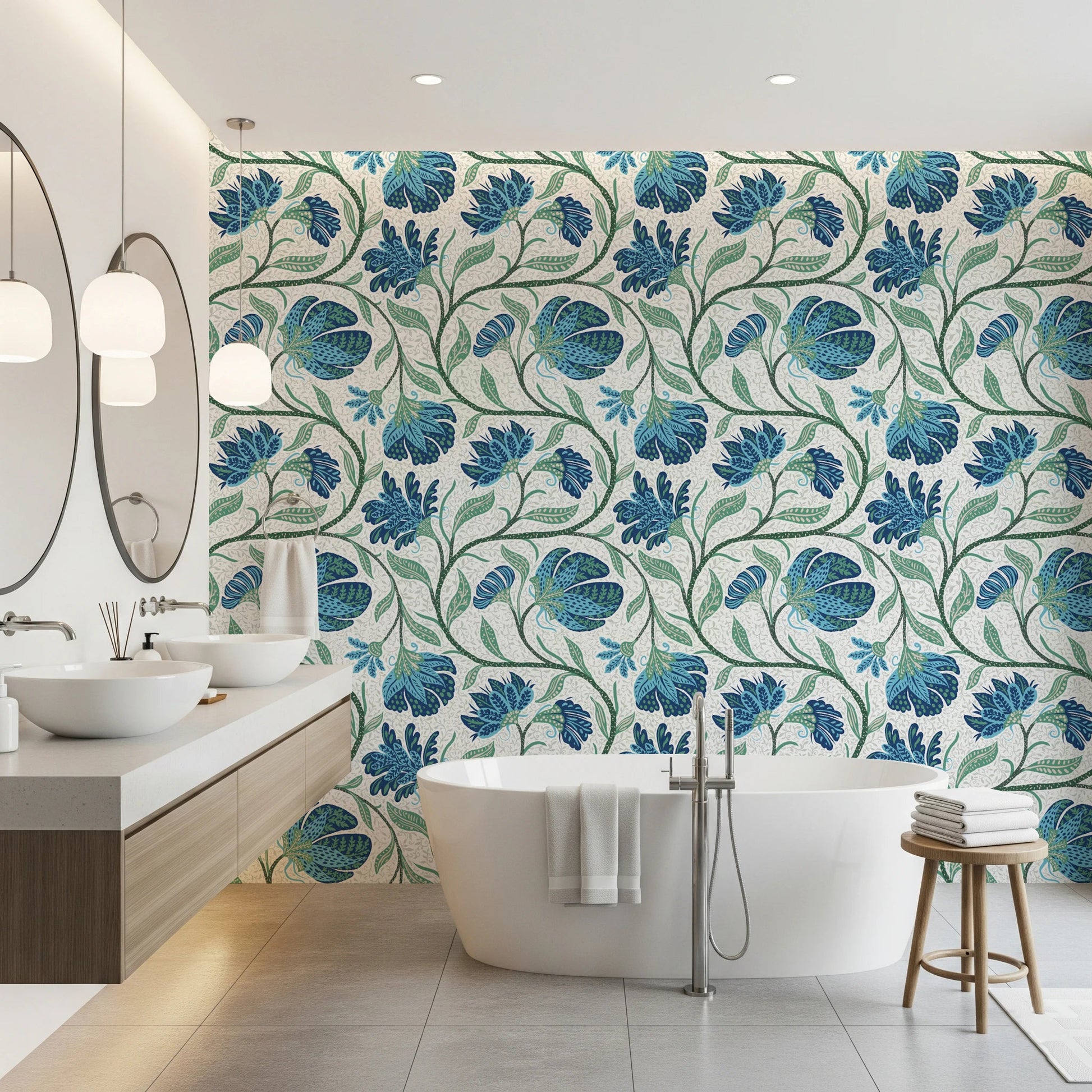Curved botanical lines give this blue and white wallpaper a floral rhythm