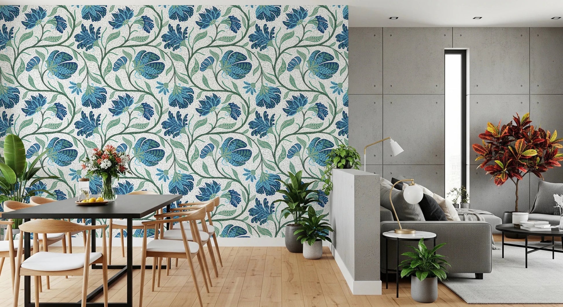 Delicate scrollwork sits behind the Trailing Floral blue white wallpaper