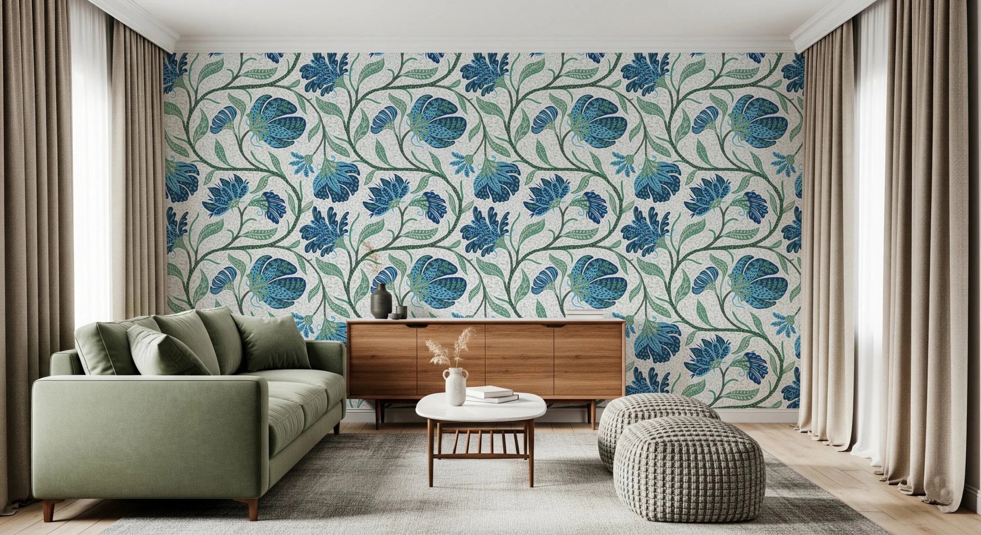 Hallway finished in Trailing Floral blue and white wallpaper pattern