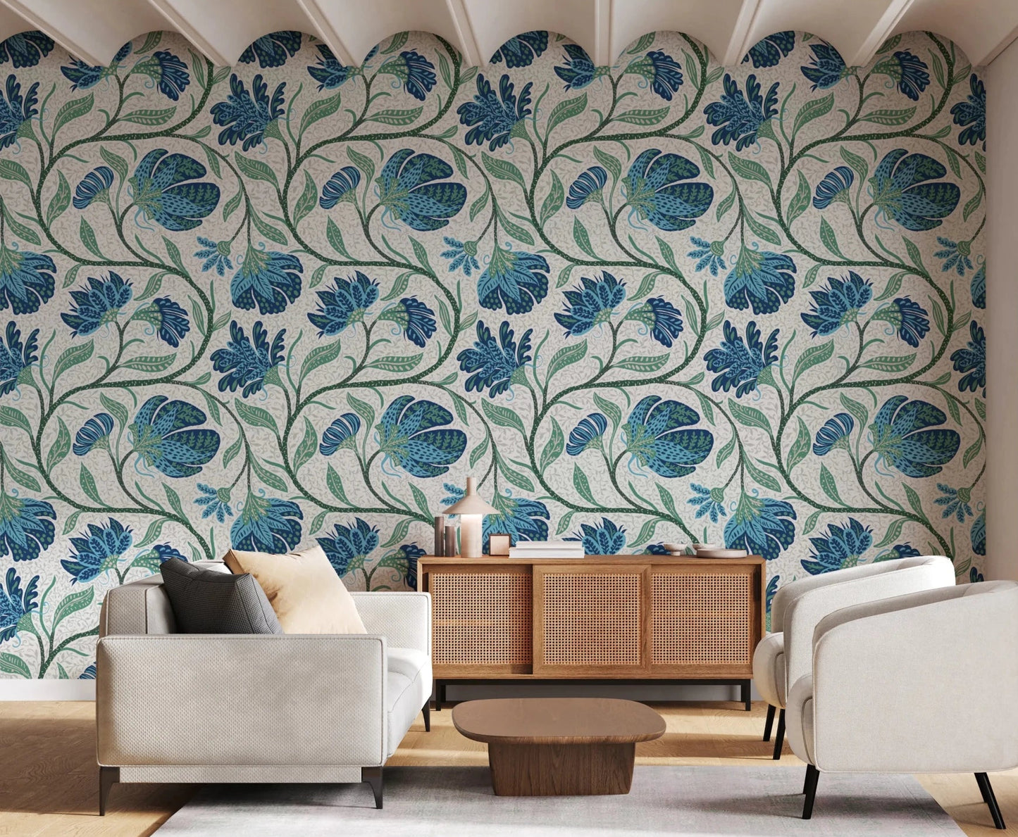 Hallway styled with Trailing Indina Floral blue and white wallpaper
