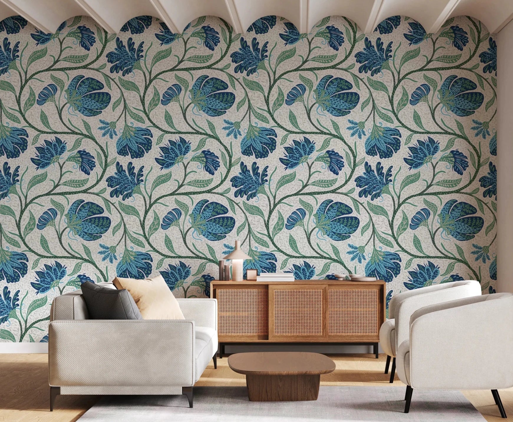 Hallway styled with Trailing Indina Floral blue and white wallpaper
