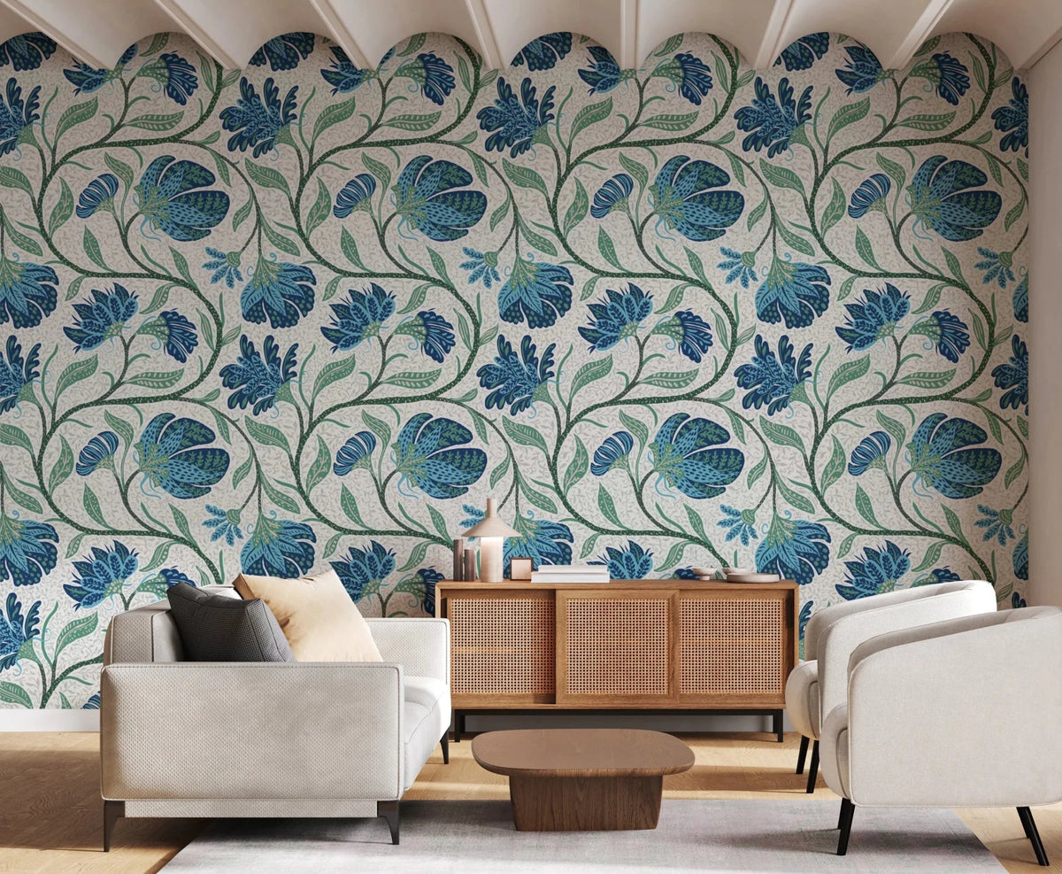 Hallway styled with Trailing Indina Floral blue and white wallpaper, GD8642