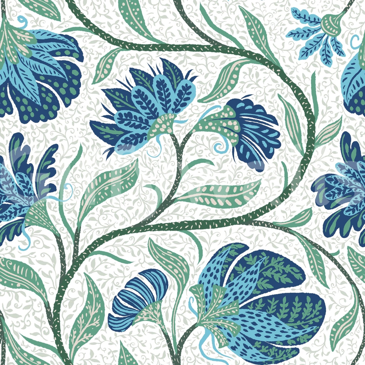 This blue floral wallpaper pairs detailed blossoms with an airy white backdrop