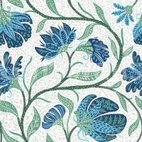 This blue floral wallpaper pairs detailed blossoms with an airy white backdrop