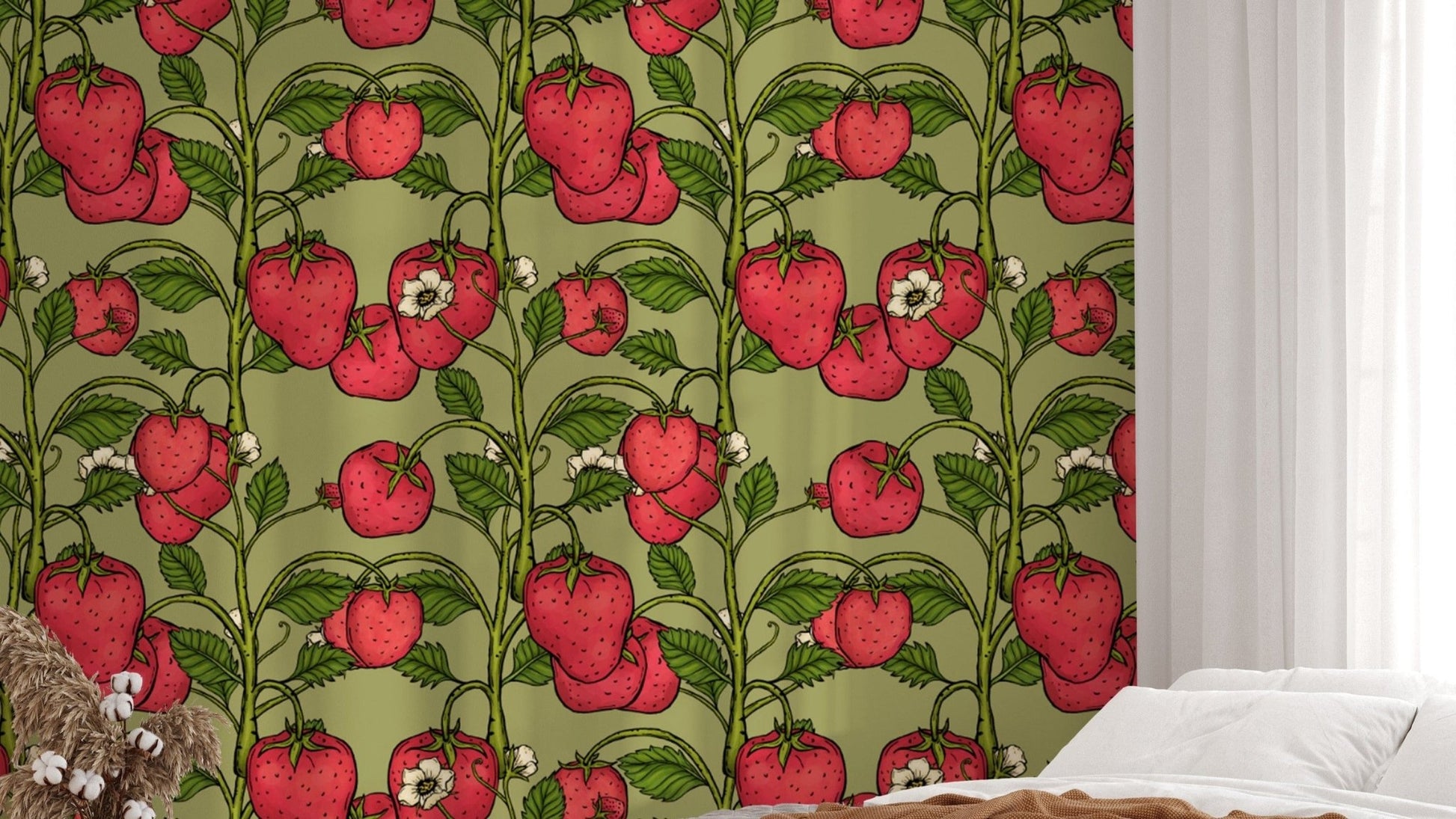 Soft pink trailing strawberries with lush green wallpaper accents.
