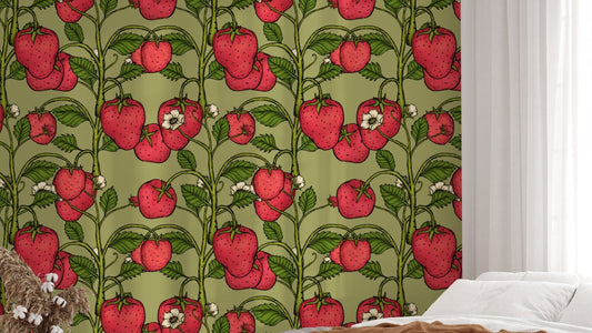 Soft pink trailing strawberries with lush green wallpaper accents.
