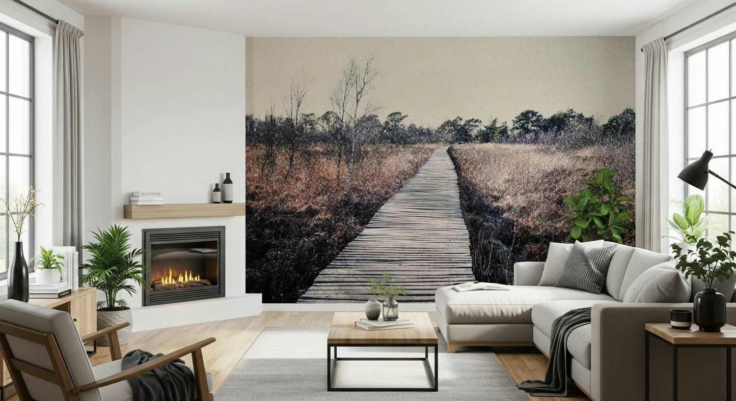 Lush green forest scene wall mural for a relaxing lounge area.