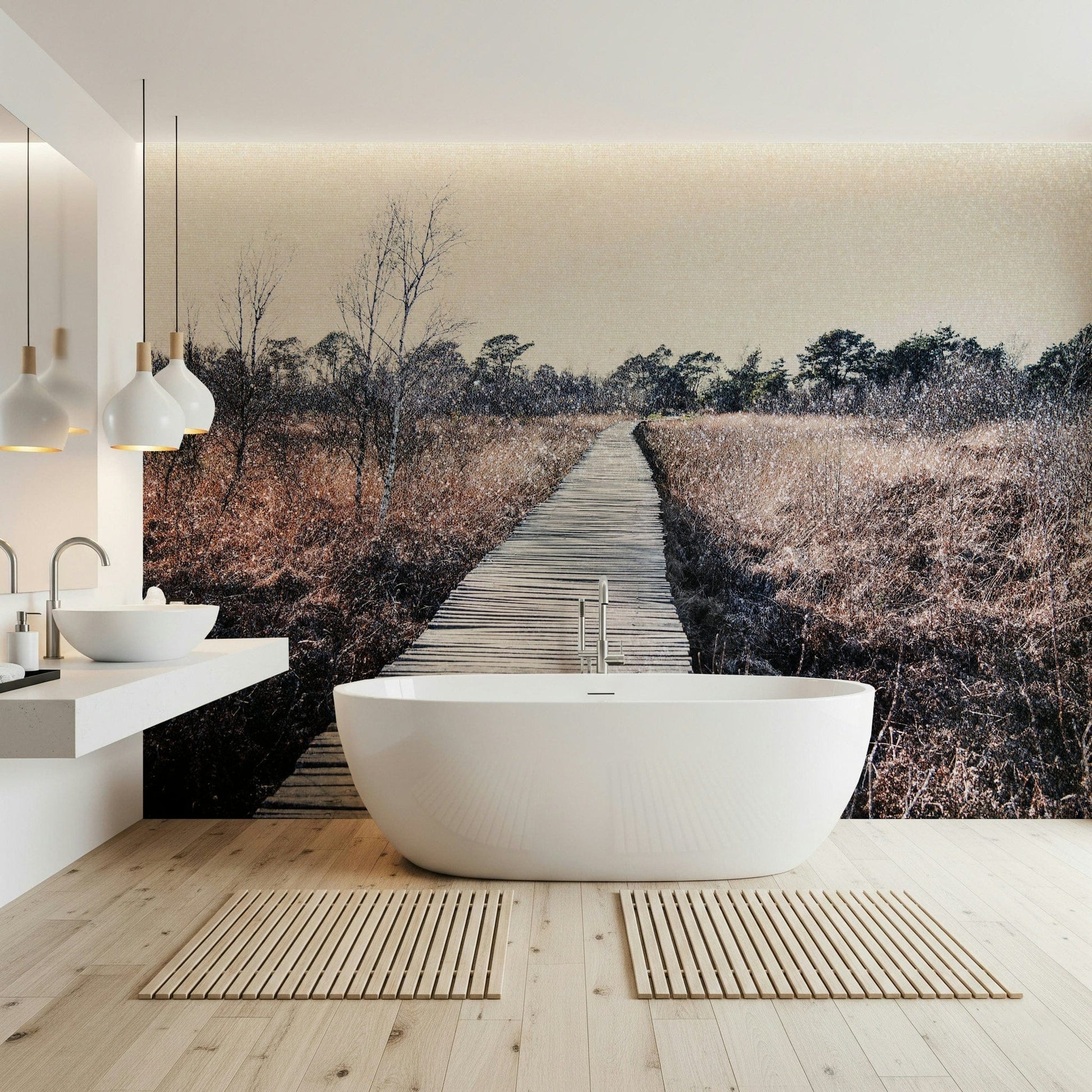 Forest path wall mural for a calm and airy master bedroom interior.