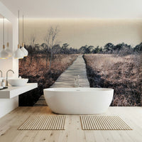 Forest path wall mural for a calm and airy master bedroom interior.