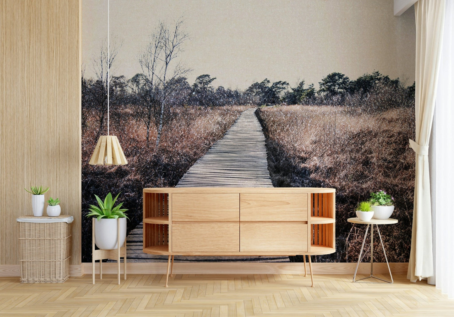 Sunlit woodland wall mural in a contemporary dining area.