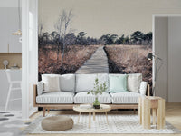 Large scale trail wallpaper for an open plan apartment living space.