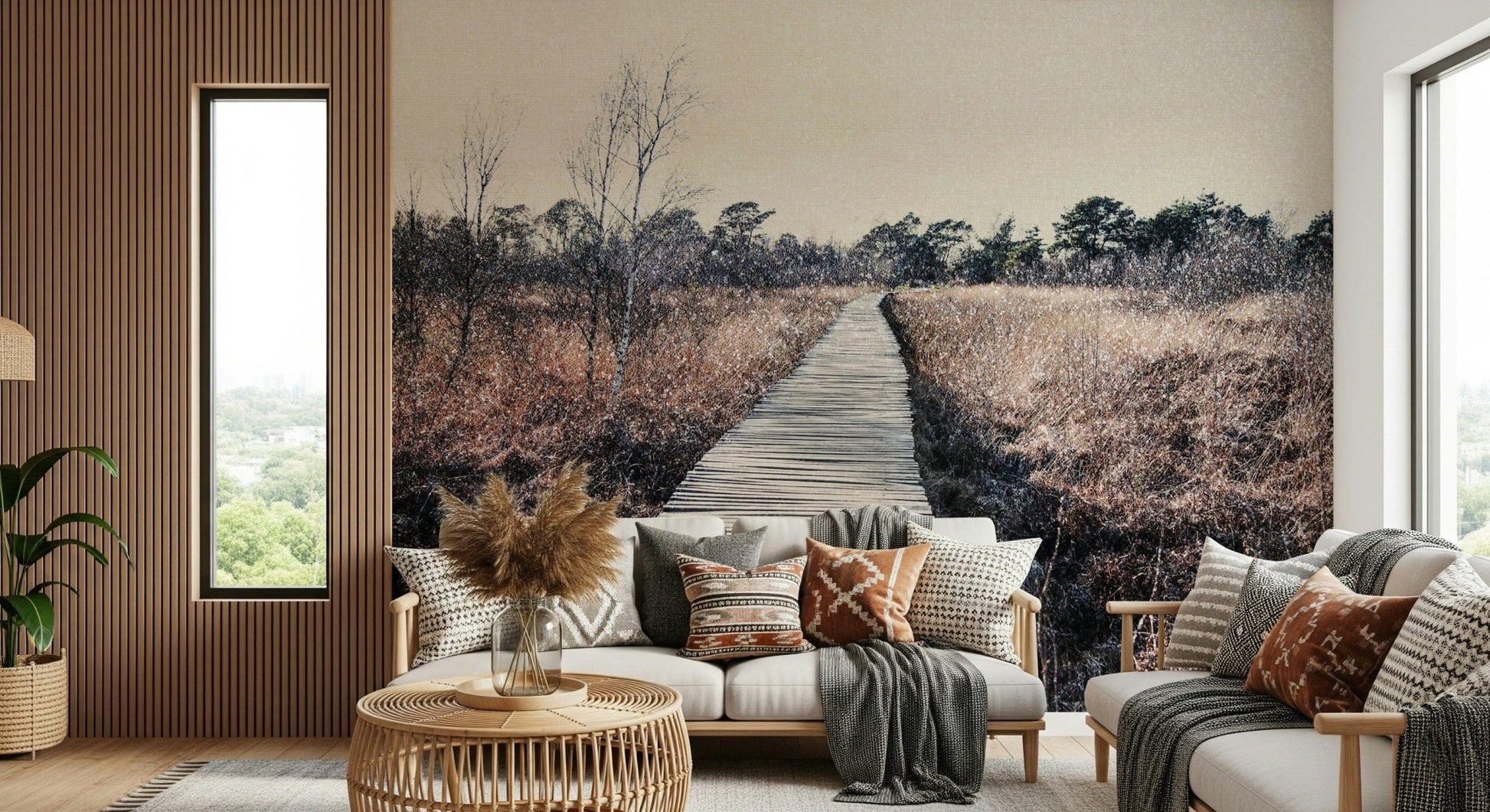 Detailed forest floor and tree wallpaper for a modern accent wall.