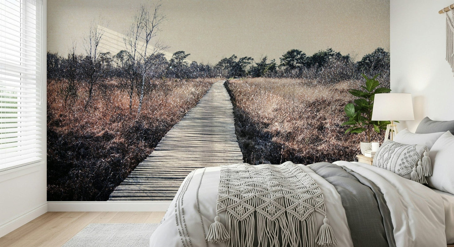 Scenic woodland path wall mural in a minimalist guest room.