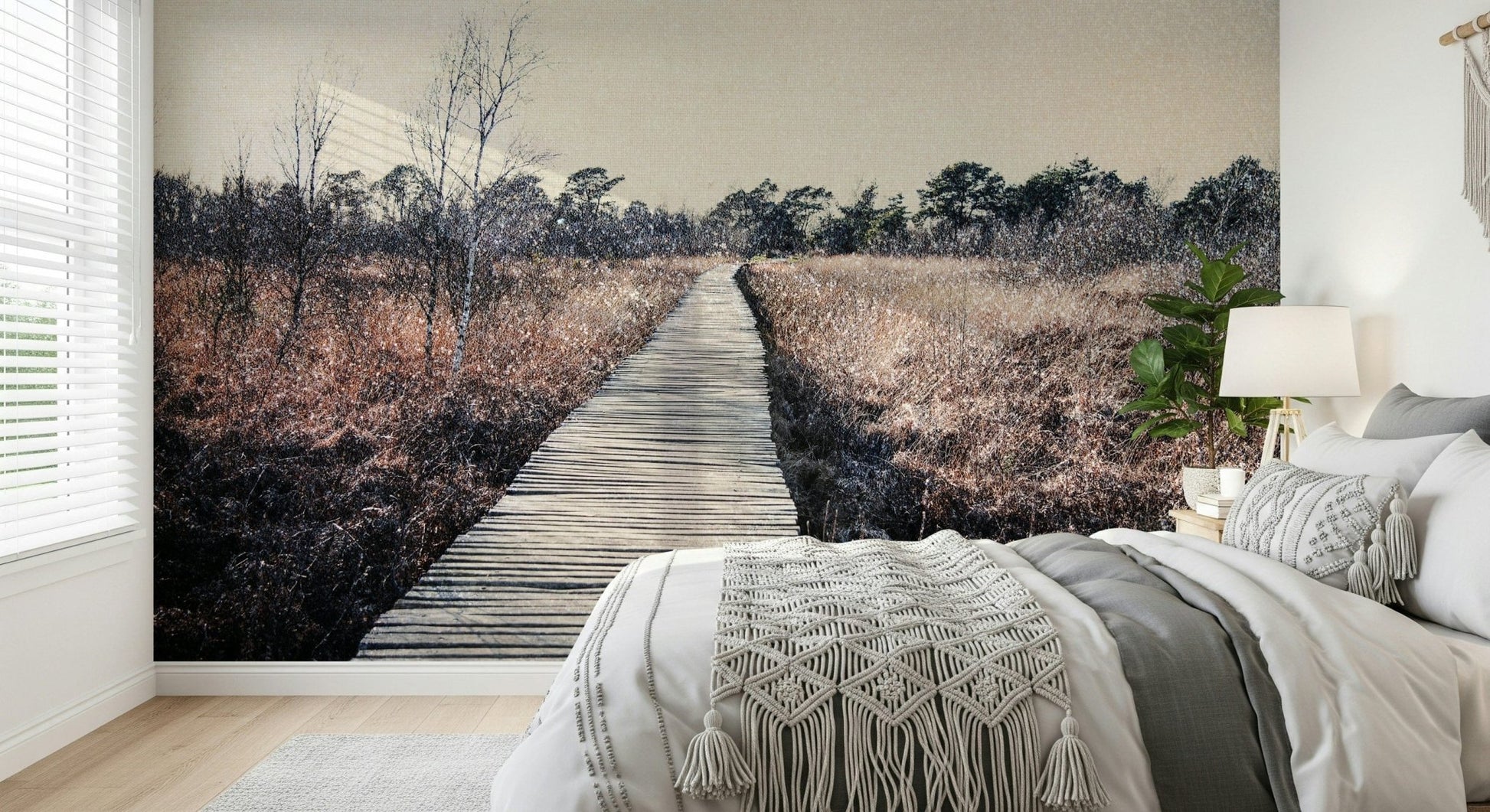 Scenic woodland path wall mural in a minimalist guest room.