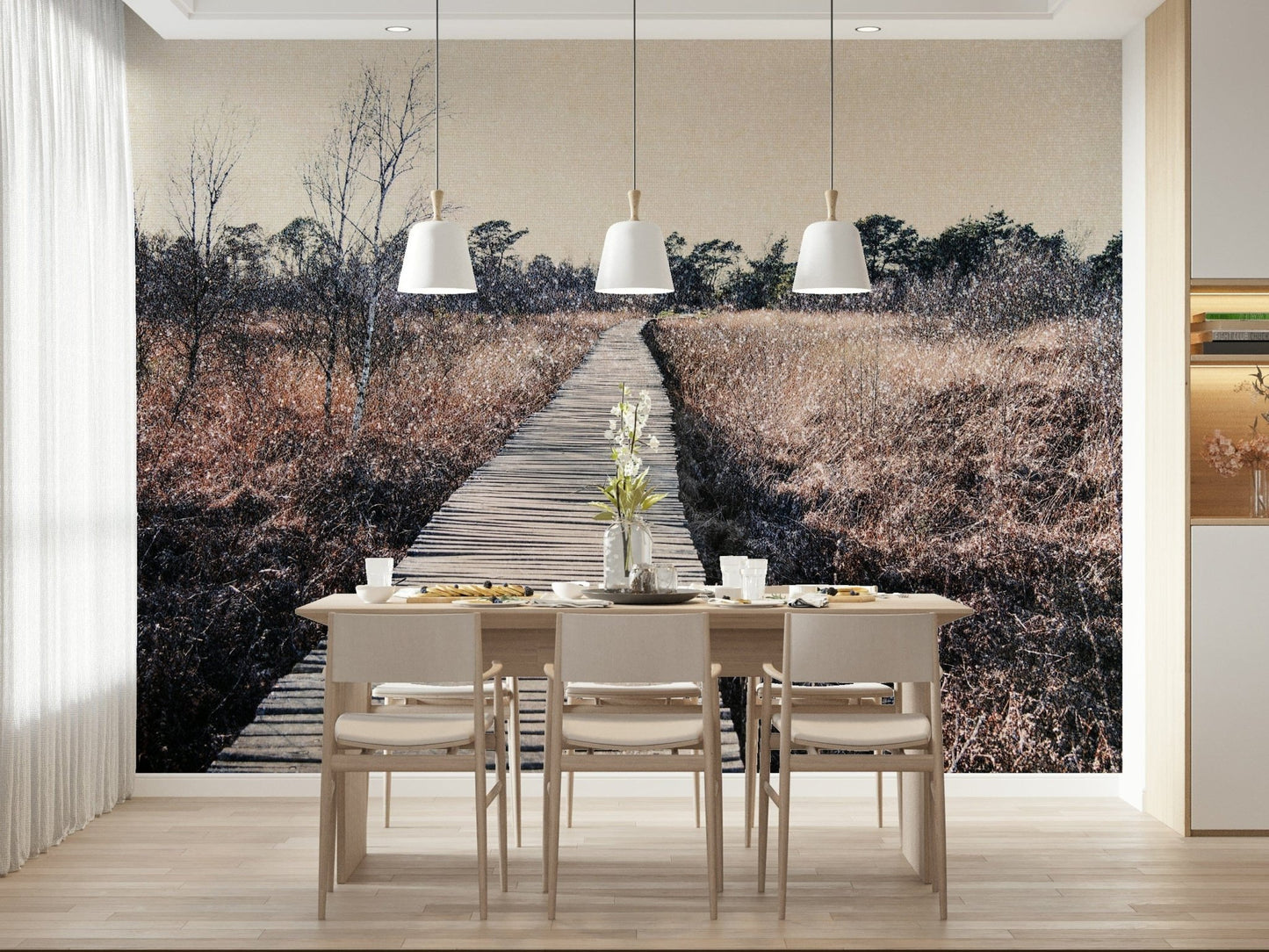 Nature trail wallpaper for a focused and quiet home office feature wall.