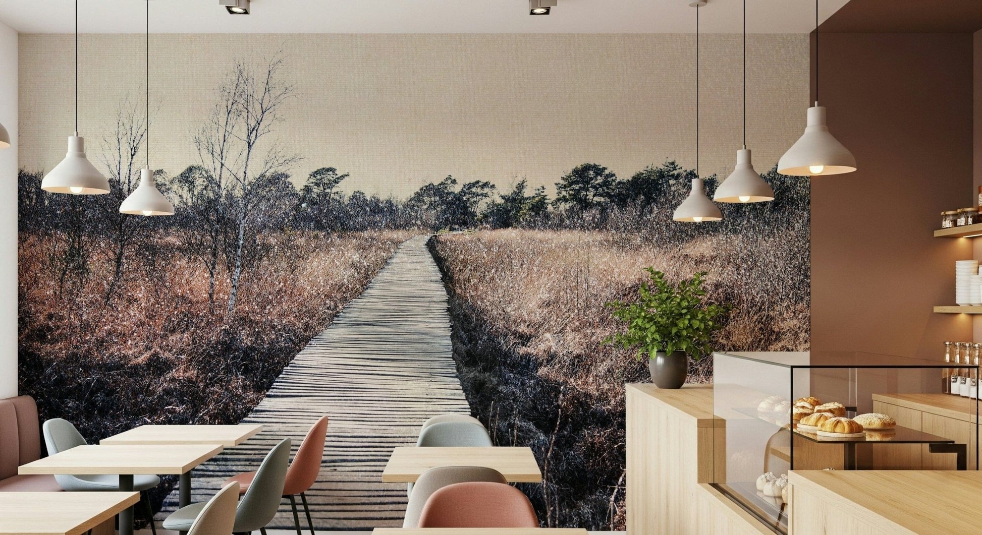 Trail's End Serenity Wall Mural in a spacious living room with green plants wallpaper.