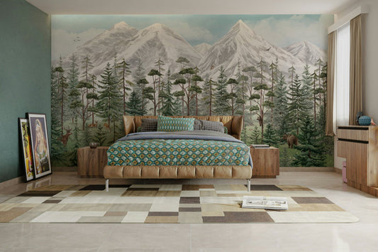 A serene mountain forest wall mural for your decor.


