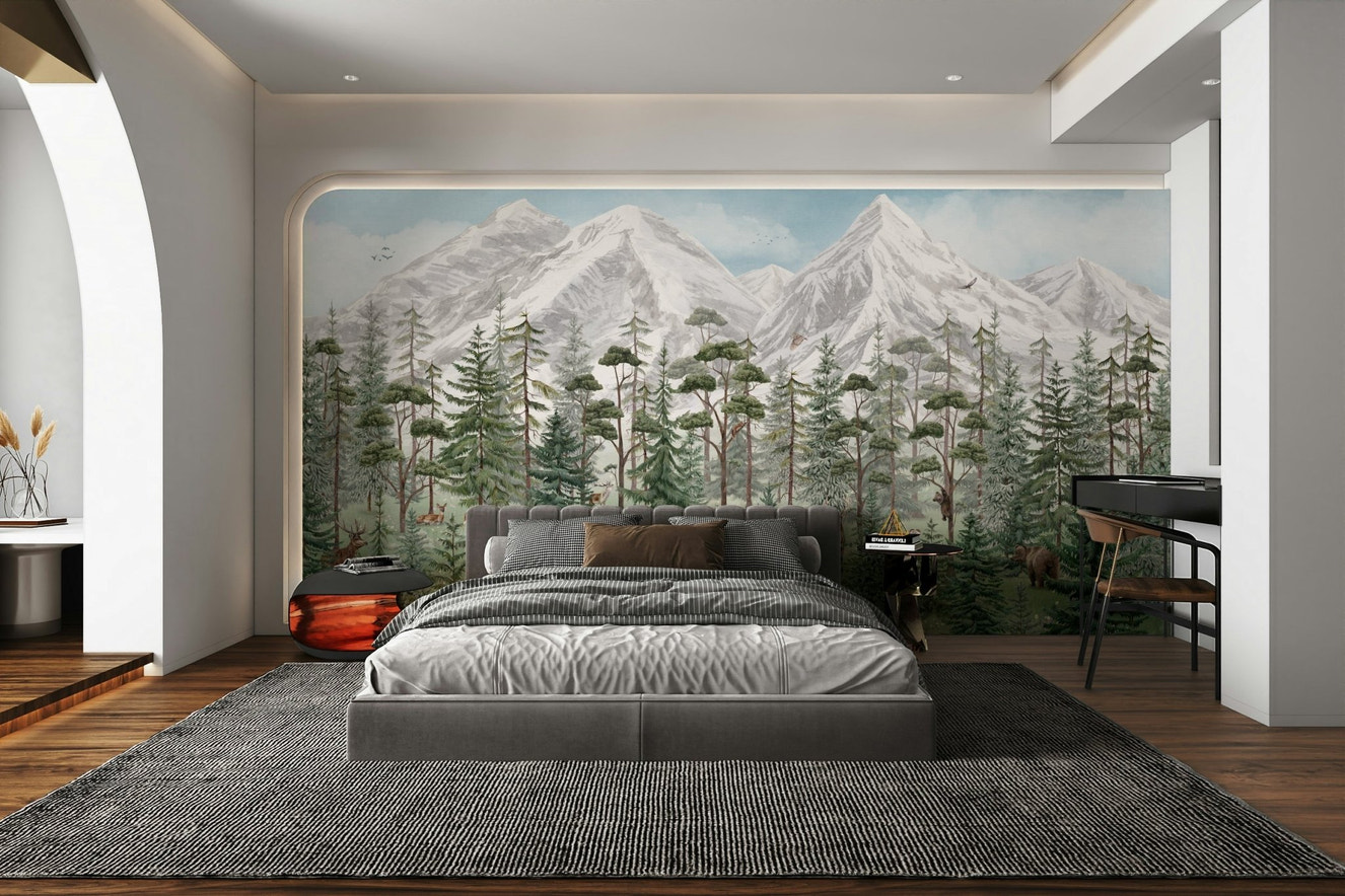 A beautiful tranquil alpine wallpaper mural of a pine forest.

