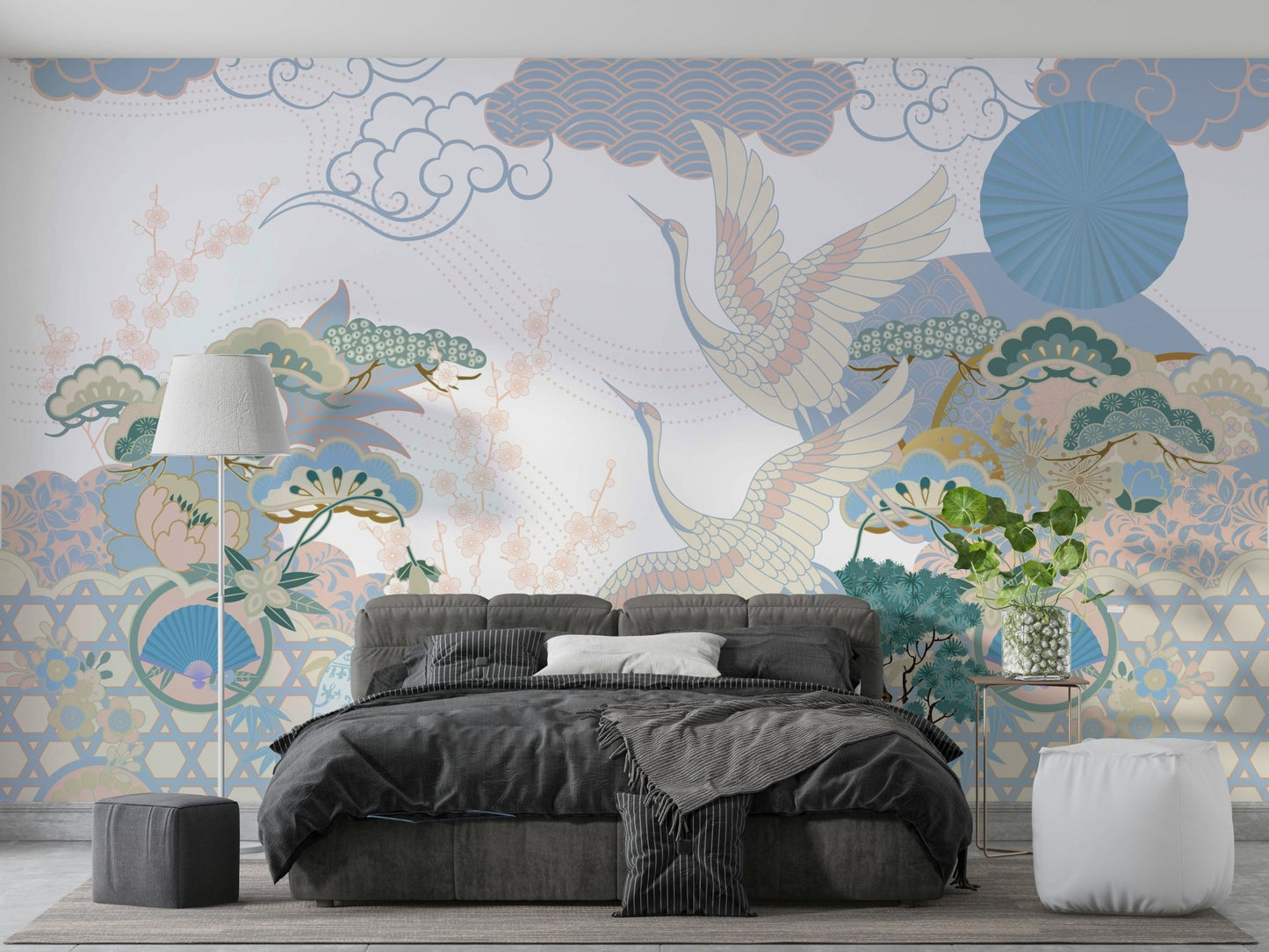 The mural depicts a peaceful, well-tended Asian garden.

