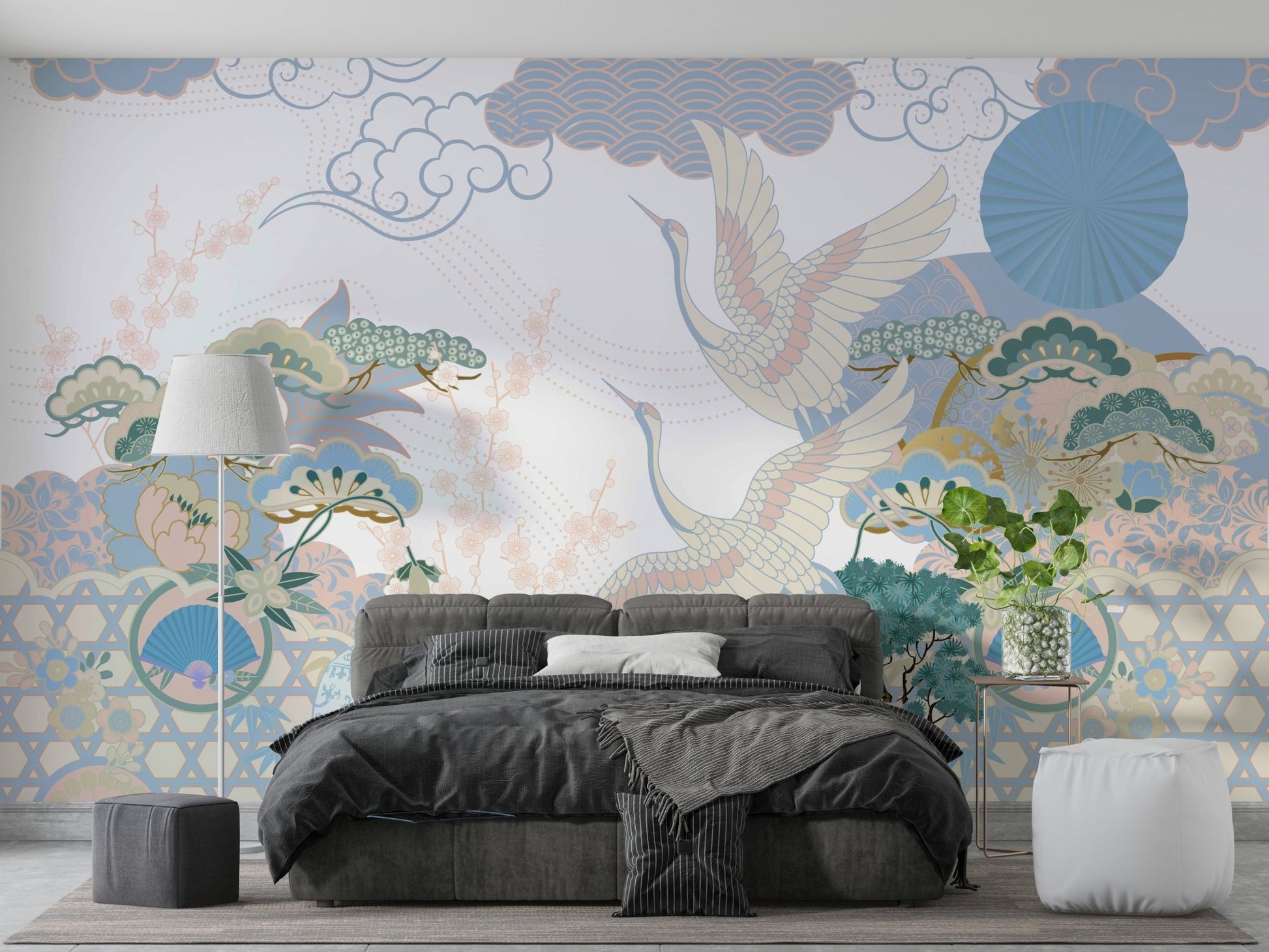 The mural depicts a peaceful, well-tended Asian garden.
