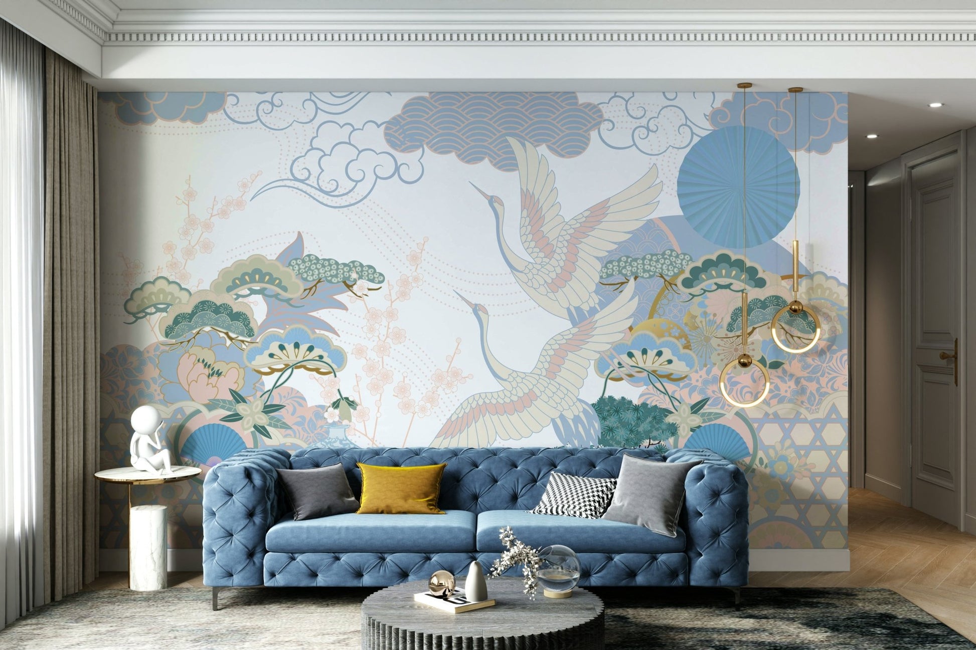 Mossy grey rocks are carefully placed around the edge of the pond.
