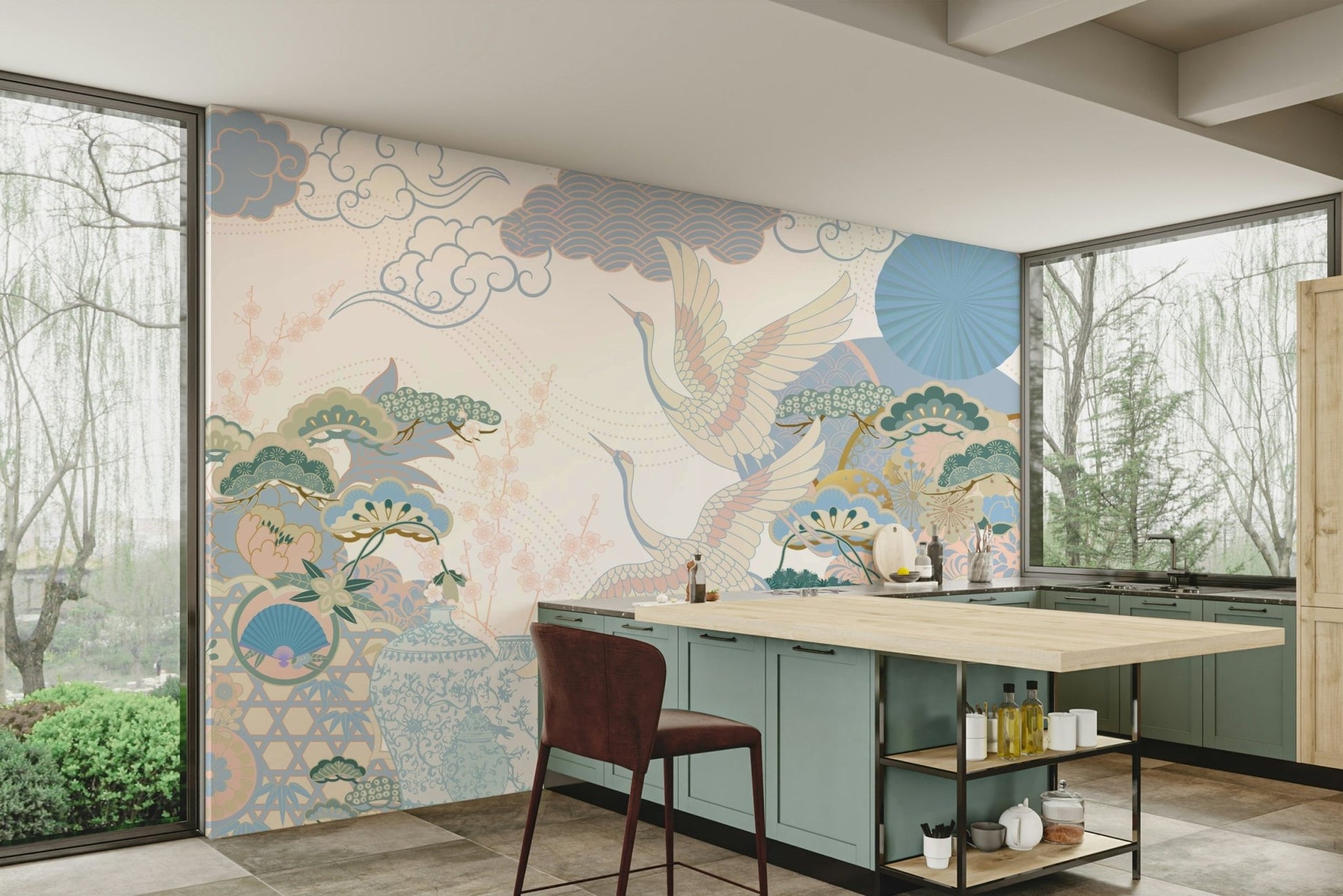 In the foreground, there is a clear pond with orange koi fish.
