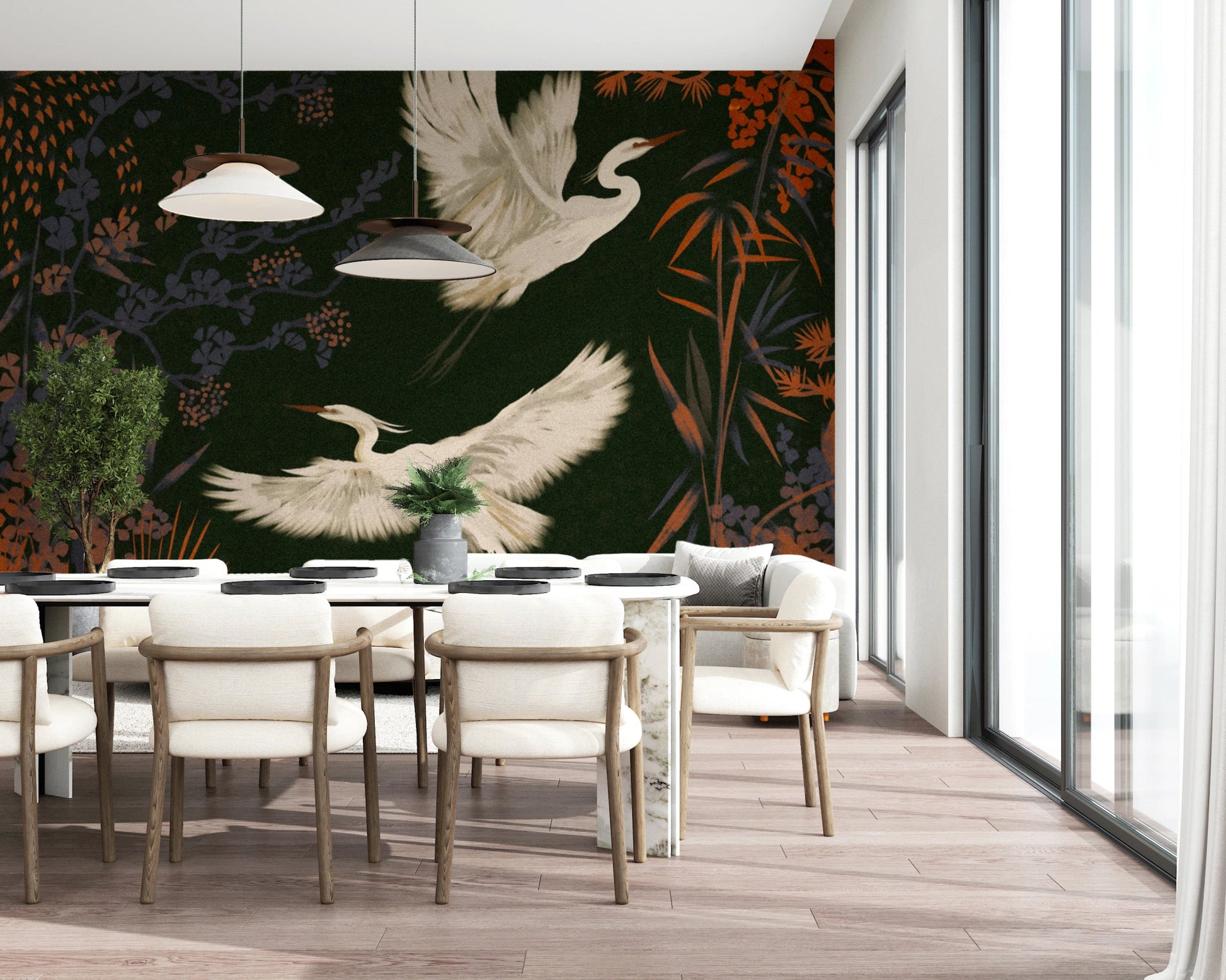 Elegant birds wall mural with nature patterns