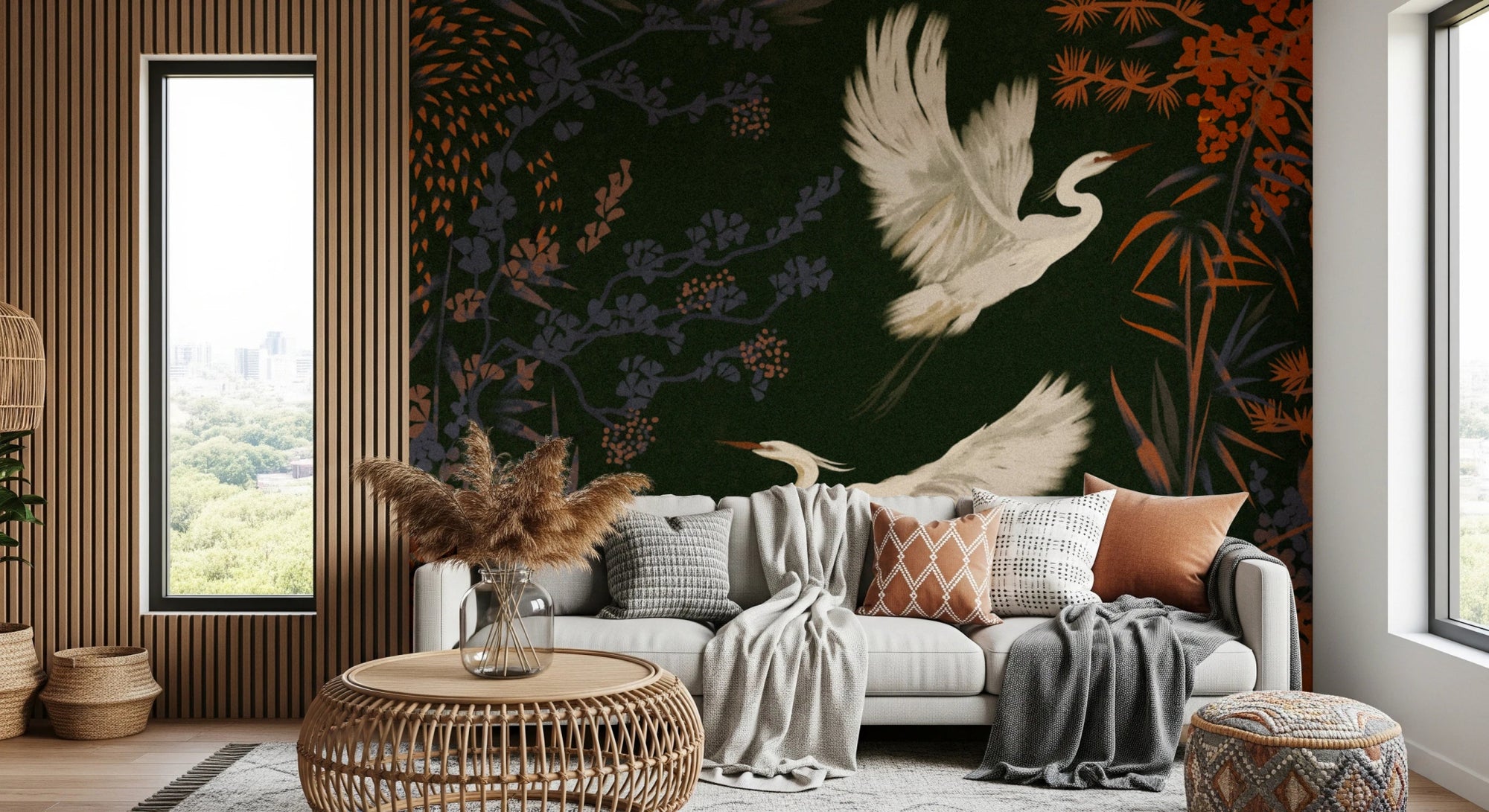 Birds wall mural with herons in Asian art style, GD8172