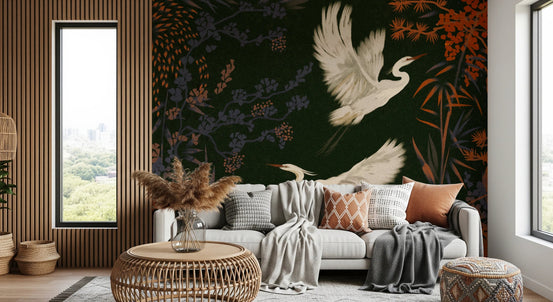 Birds wall mural with herons in Asian art style, GD8172