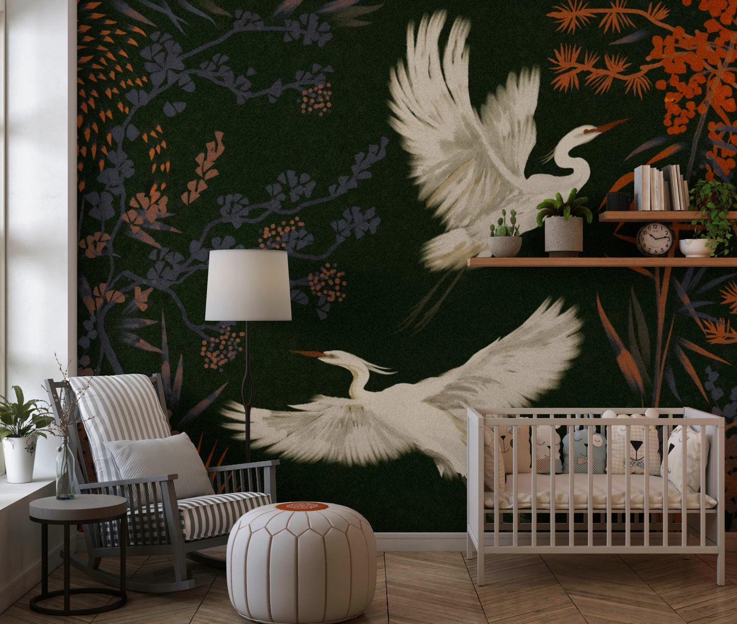 Asian birds wall mural with floral details