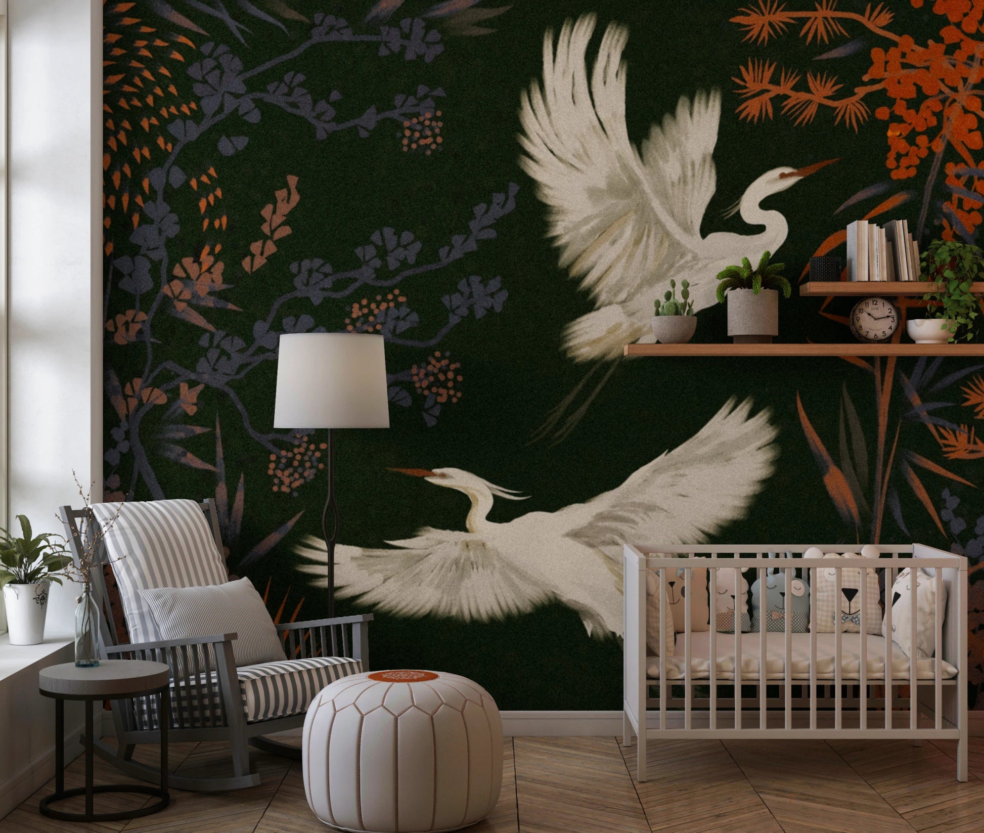 Asian birds wall mural with floral details