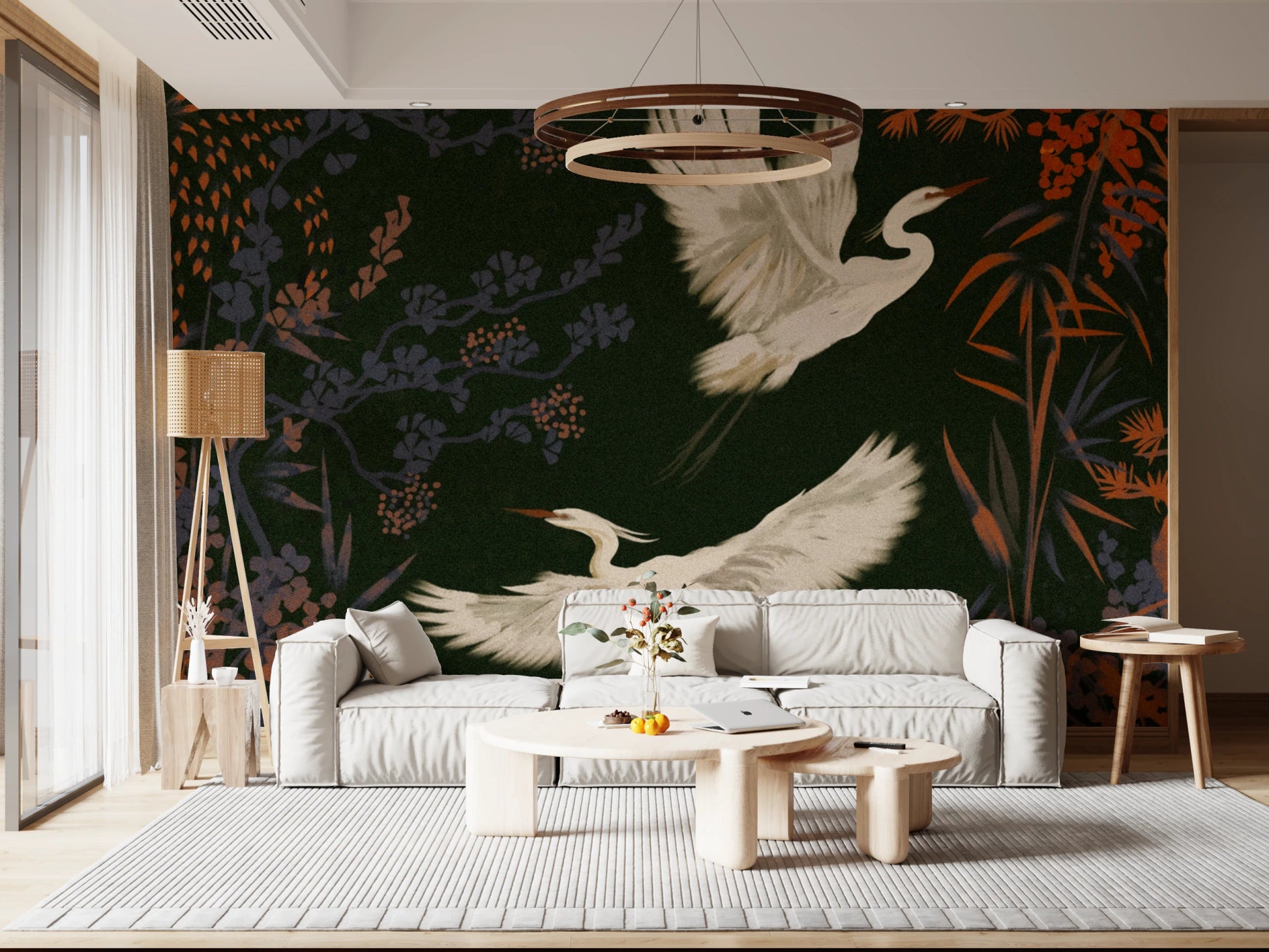 White heron birds wall mural on dark background