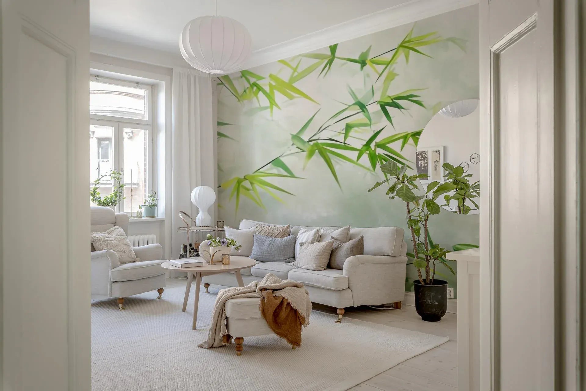 Tranquil Bamboo Wall Mural in a minimalist bedroom with Mystic Lake Reflections., GD7996