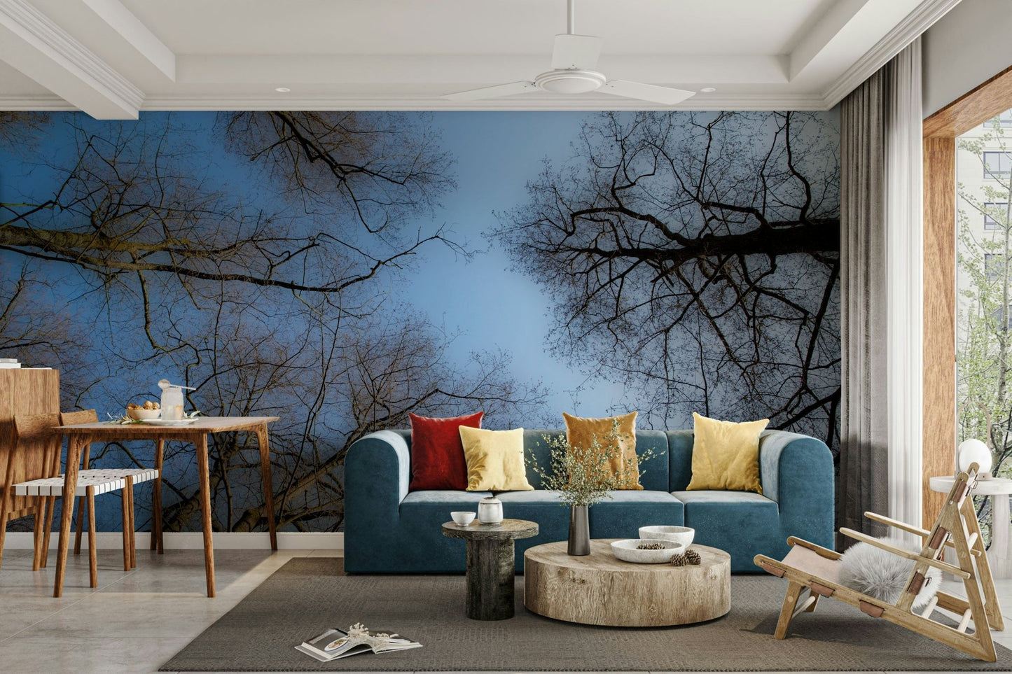 The wall mural is installed on a living room feature wall.

