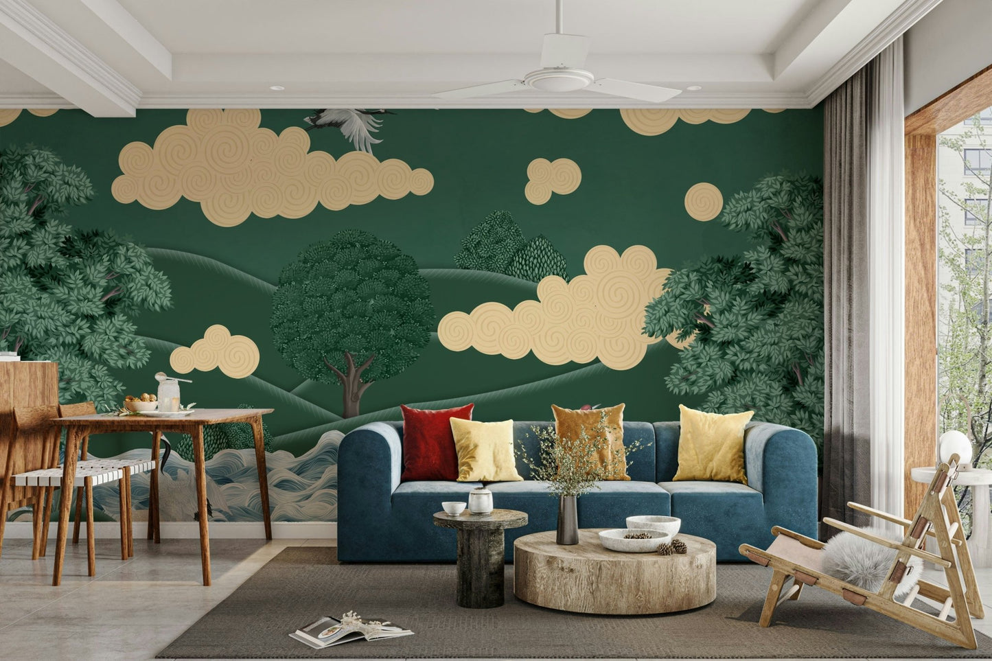 An elegant wall mural with a peaceful landscape and cranes.

