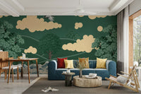 An elegant wall mural with a peaceful landscape and cranes.

