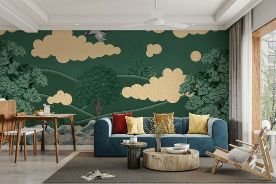 An elegant wall mural with a peaceful landscape and cranes. GD4081

