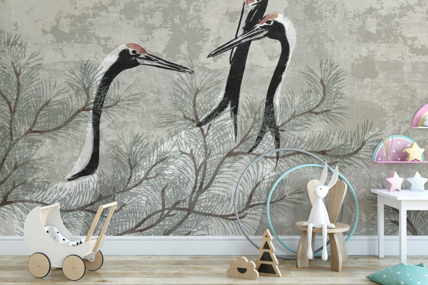 Elegant Crane and Pine Tree Mural
