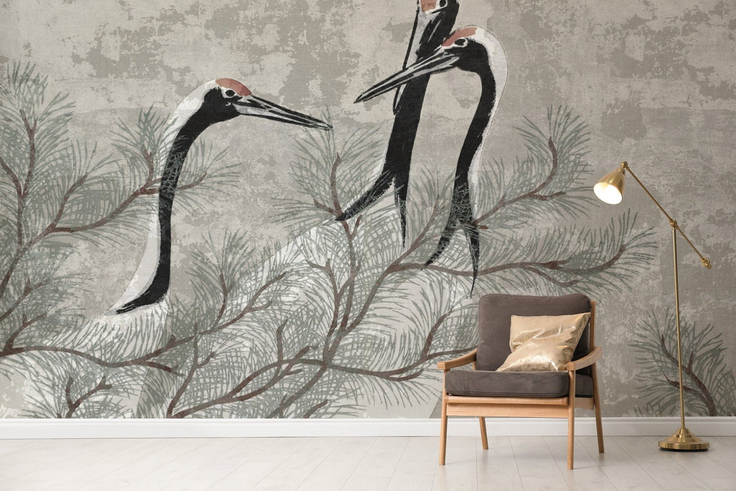 Classic Birds Wallpaper with Pine Details
