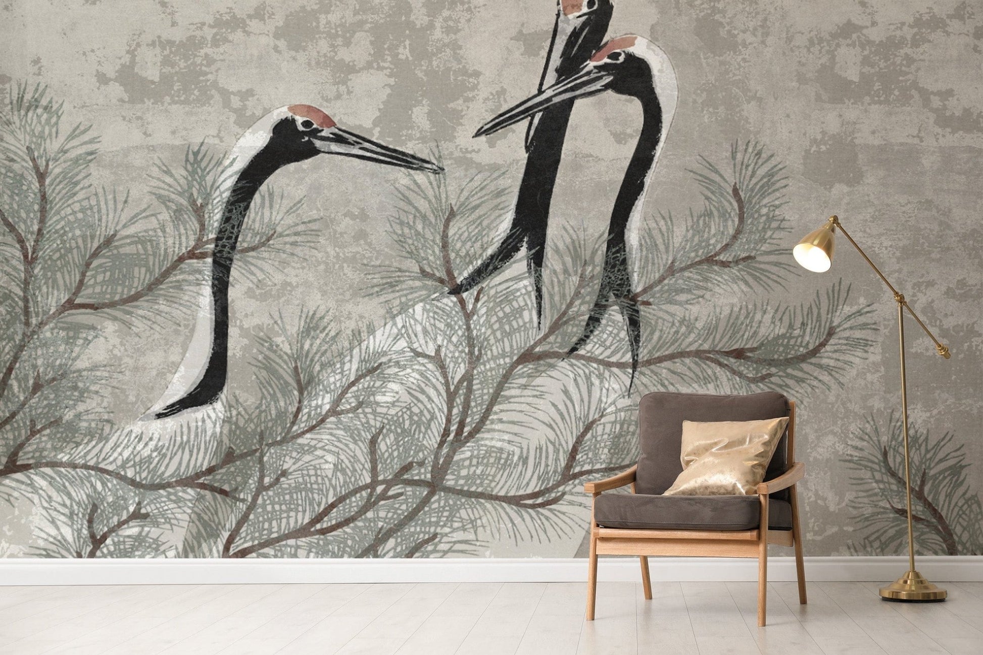 Classic Birds Wallpaper with Pine Details
