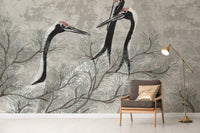 Classic Birds Wallpaper with Pine Details
