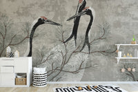 Tranquil Cranes and Pine Birds Wallpaper

