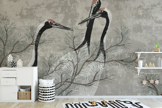 Tranquil Cranes and Pine Birds Wallpaper
 B707
