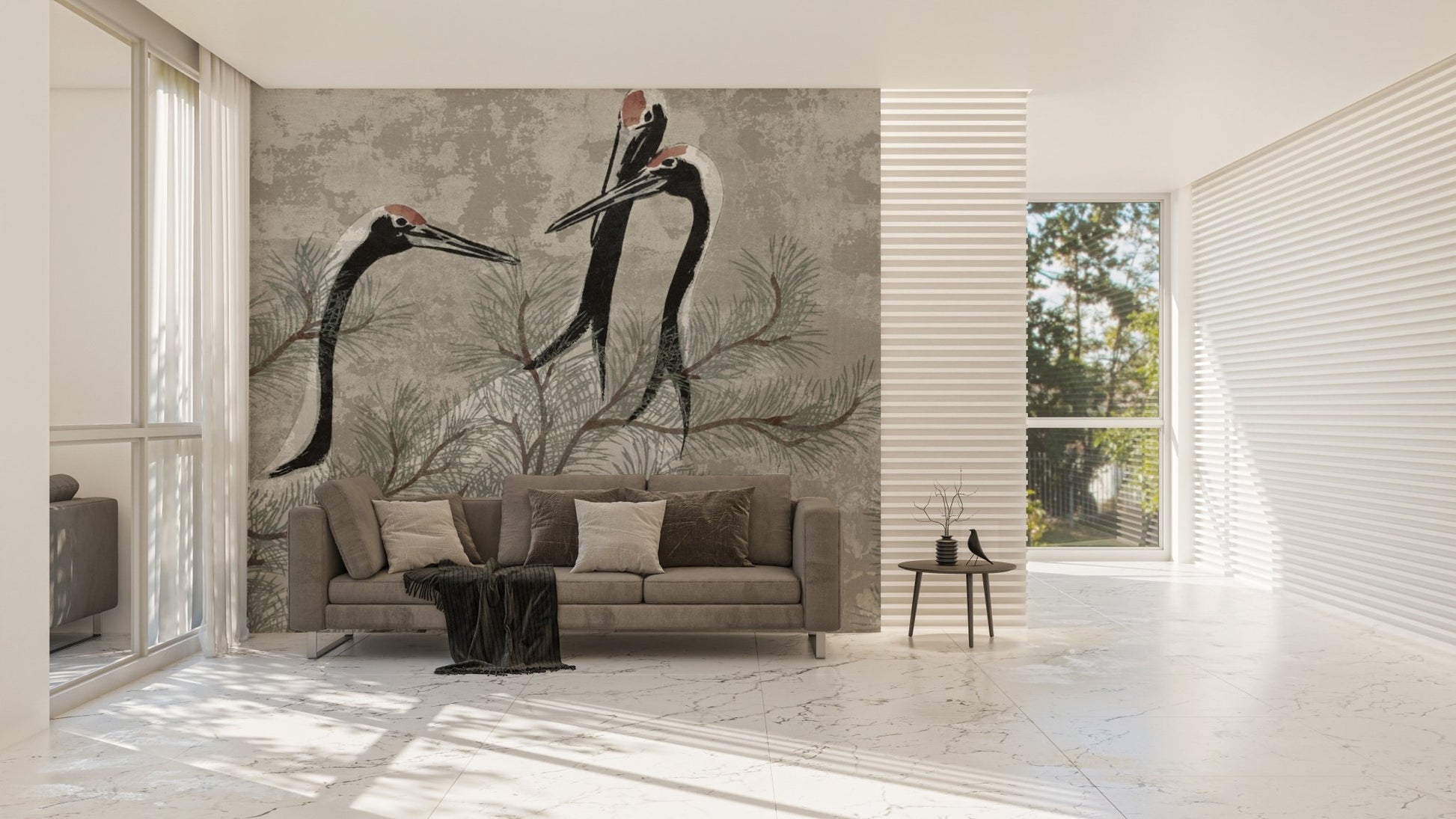 Vintage Crane and Pine Forest Wallpaper
